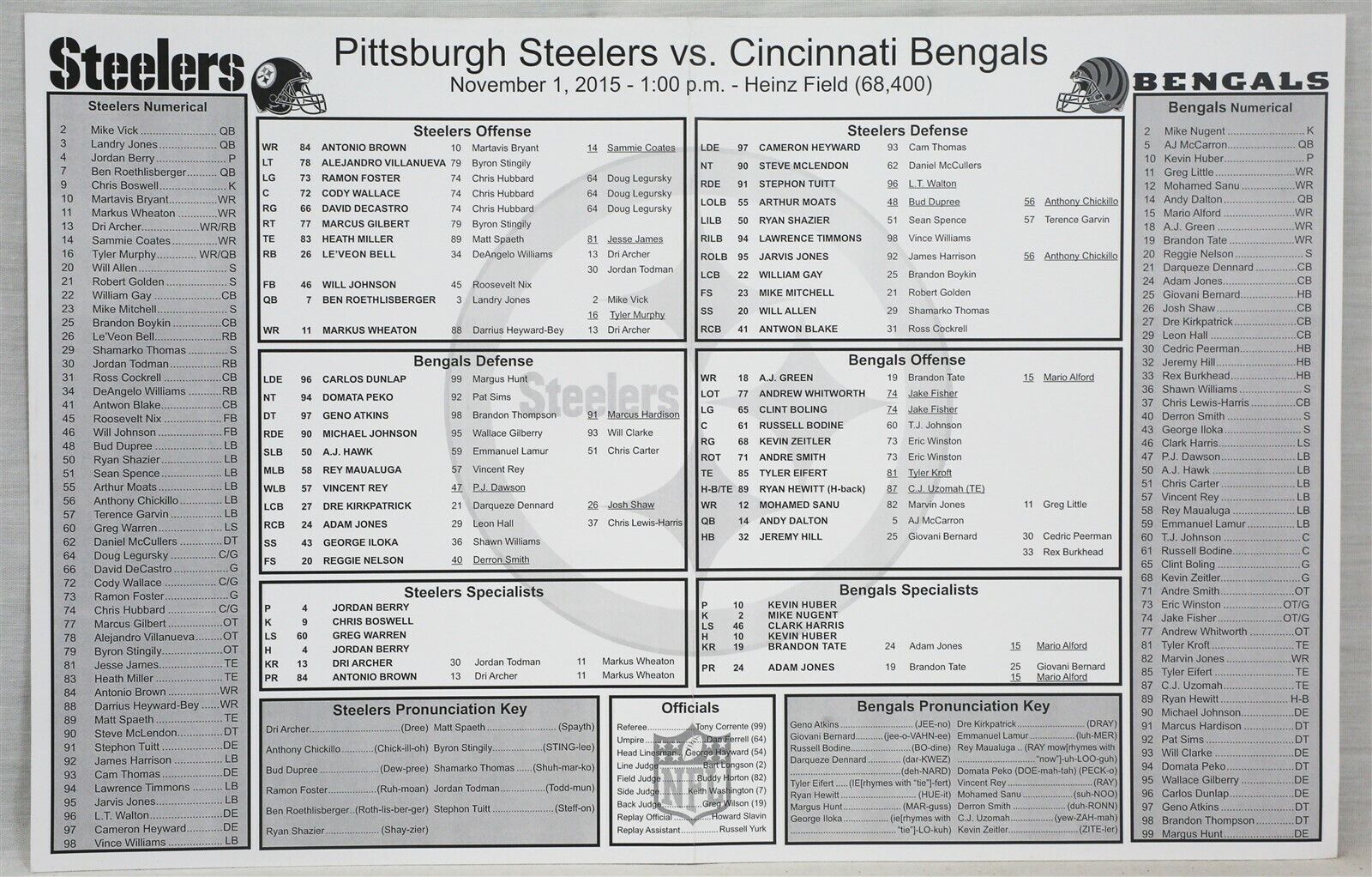 ORIGINAL 2015 Cin Bengals @ Pittsburgh Steelers Lineup Card Roethlisberger