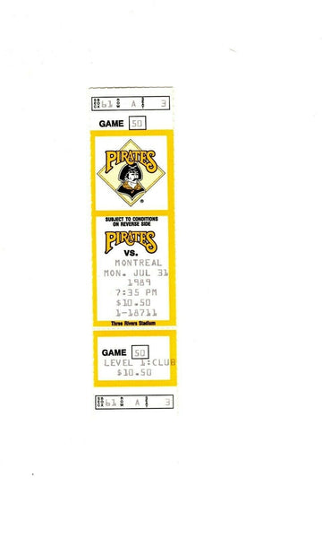 July 31 1989 Montreal Expos @ Pittsburgh Pirates Ticket Andres Galarraga HR