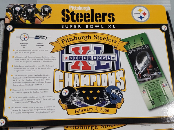 Danbury Mint Pittsburgh Steelers 6x Super Bowl Champions Wood Placemat Tray Set