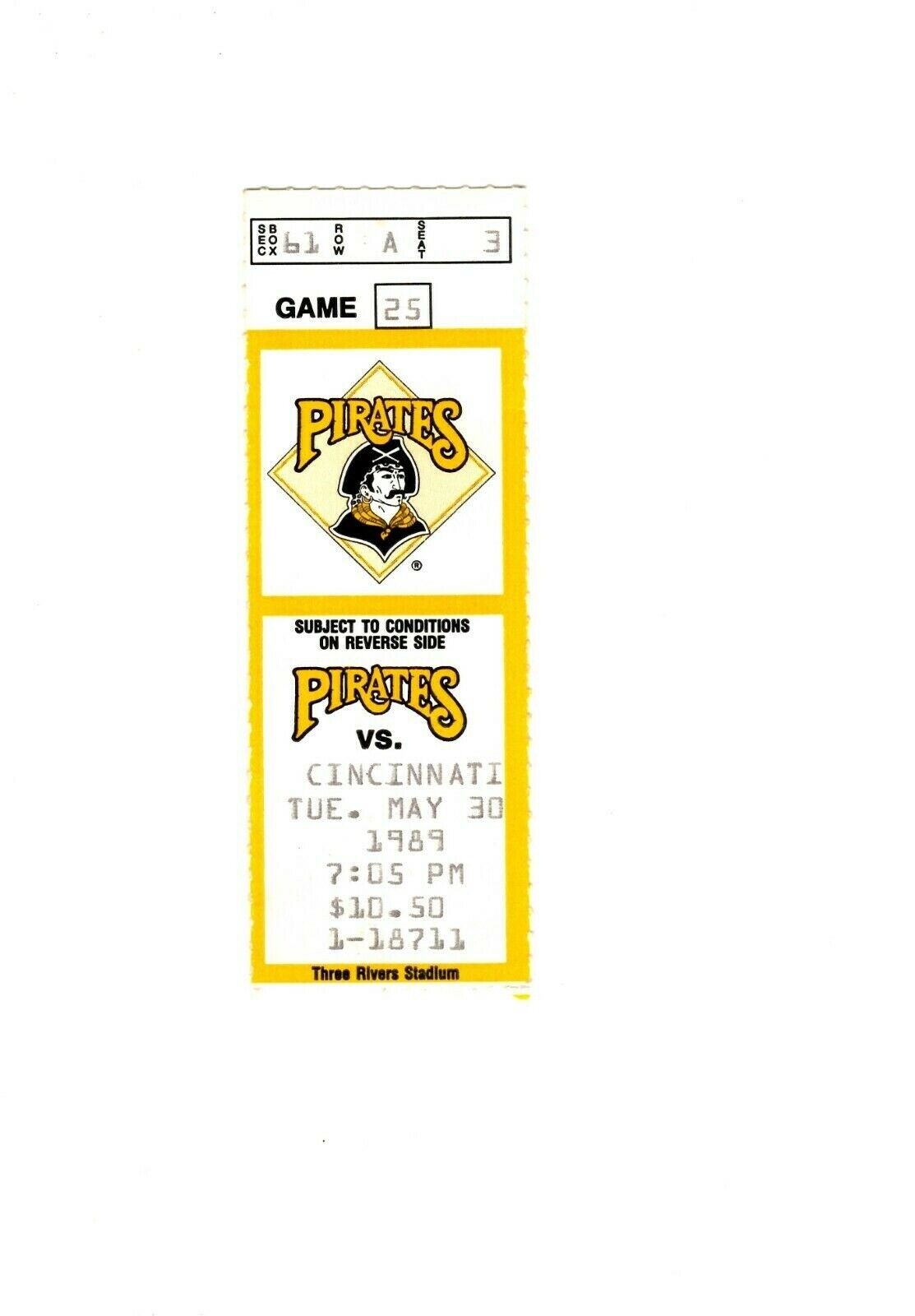 May 30 1989 Cincinnati Reds @ Pittsburgh Pirates Ticket Bobby Bonilla HR Drabek