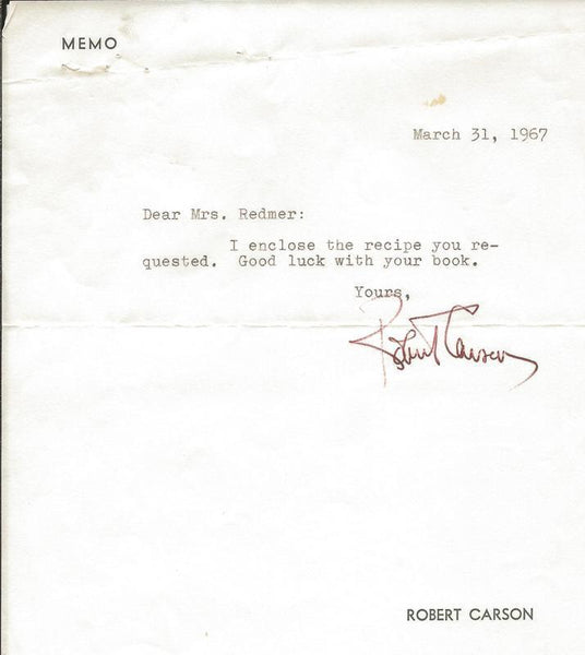 Robert Carson Signed 1967 Typed Letter & Beef Recipe