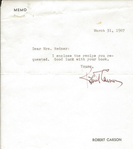 Robert Carson Signed 1967 Typed Letter & Beef Recipe