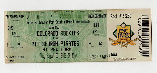 Aug 1 2002 Colorado Rockies Pittsburgh Pirates Ticket Larry Walker Todd Helton