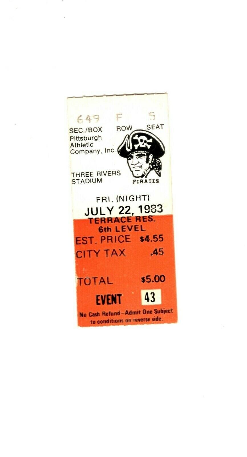 July 22 1983 San Francisco Giants @ Pittsburgh Pirates Ticket Jack Clark 5-5