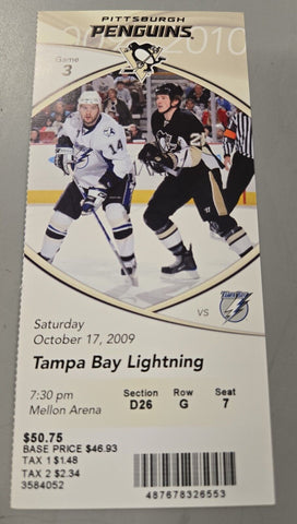 Oct 17 2009 Lightning @ Pittsburgh Penguins Ticket Sidney Crosby 2 Assists