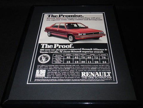 1986 Renault Alliance 11x14 Framed ORIGINAL Vintage Advertisement 