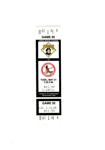 May 20 1991 St Louis Cardinals @ Pittsburgh Pirates Ticket Barry Bonds 2 HR