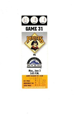 June 3 1996 Colorado Rockies @ Pittsburgh Pirates Ticket Carlos Garcia 4 Hits