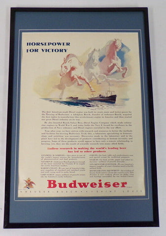 1942 Budweiser Beer Horsepower Framed 11x17 ORIGINAL Vintage Advertising Poster