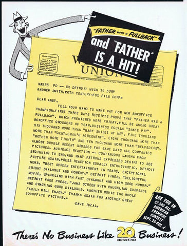 1949 Father Was a Fullback ORIGINAL Vintage 9x12 Industry Ad  