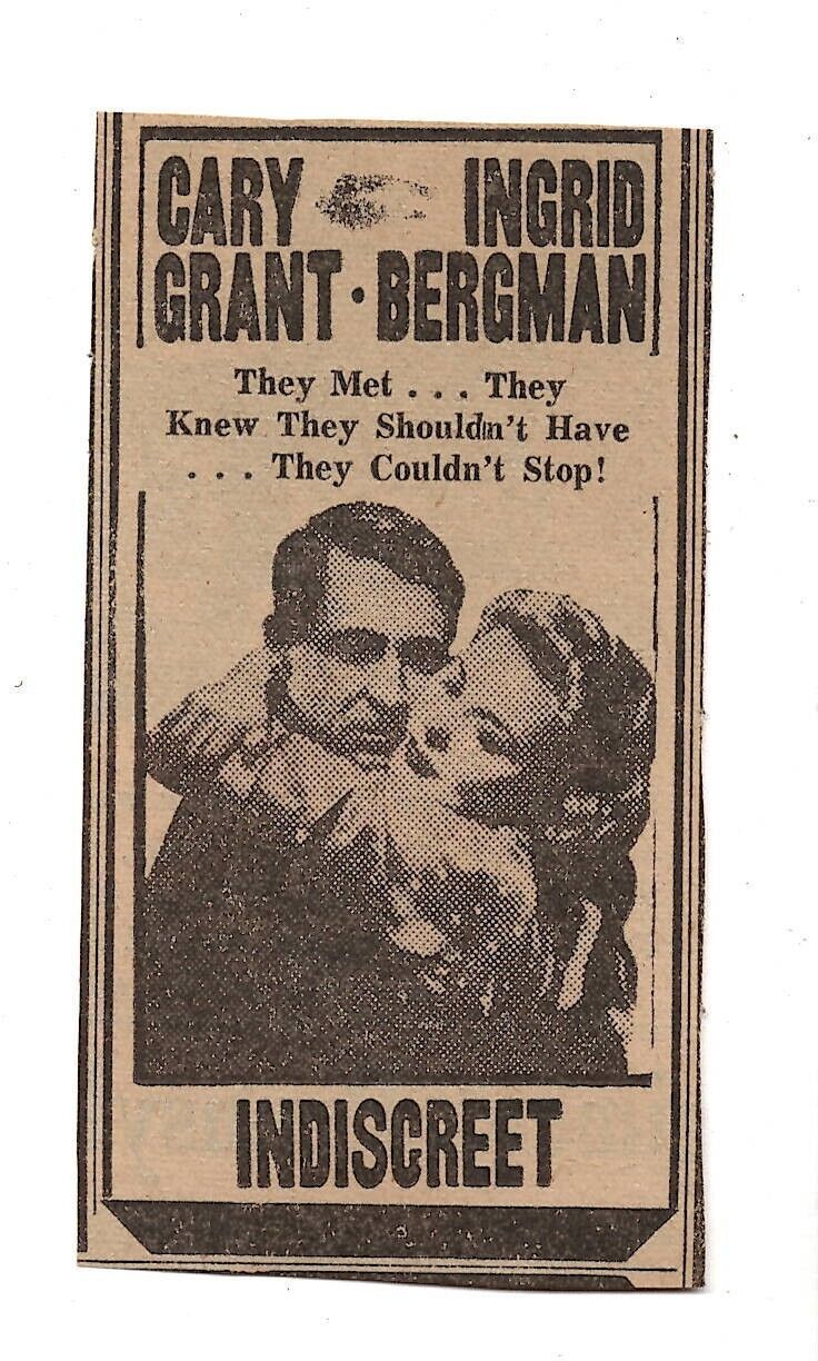 VINTAGE 1958 Indiscreet Newspaper Advertisement Cary Grant Ingrid Bergman