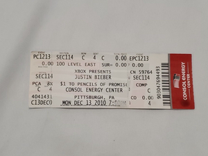 VINTAGE Dec 13 2010 Justin Bieber Pittsburgh Consol Center Concert Ticket