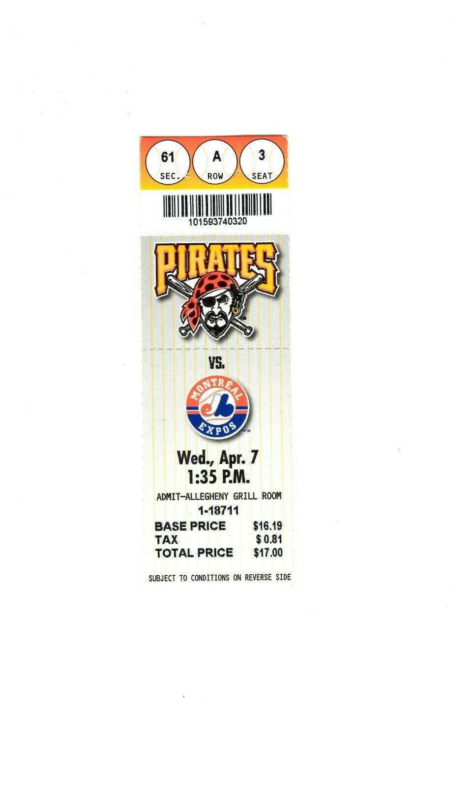 Apr 7 1999 Montreal Expos @ Pittsburgh Pirates Ticket Vladimir Guerrero