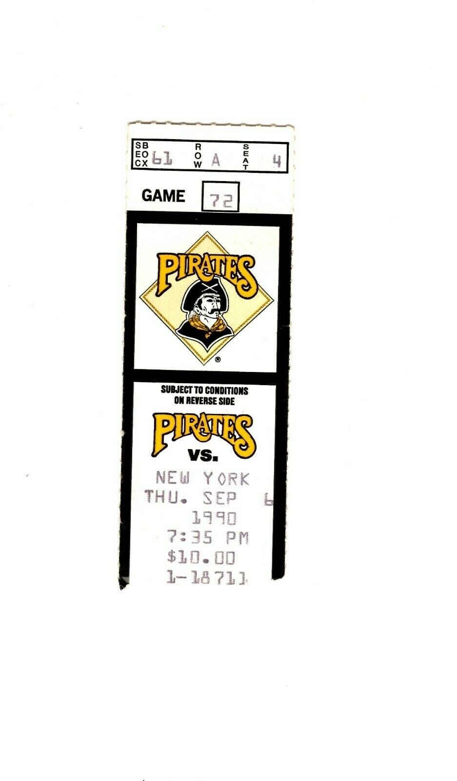 Sep 6 1990 NY Mets @ Pittsburgh Pirates Ticket Barry Bonds 2 Hits