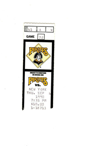 Sep 6 1990 NY Mets @ Pittsburgh Pirates Ticket Barry Bonds 2 Hits