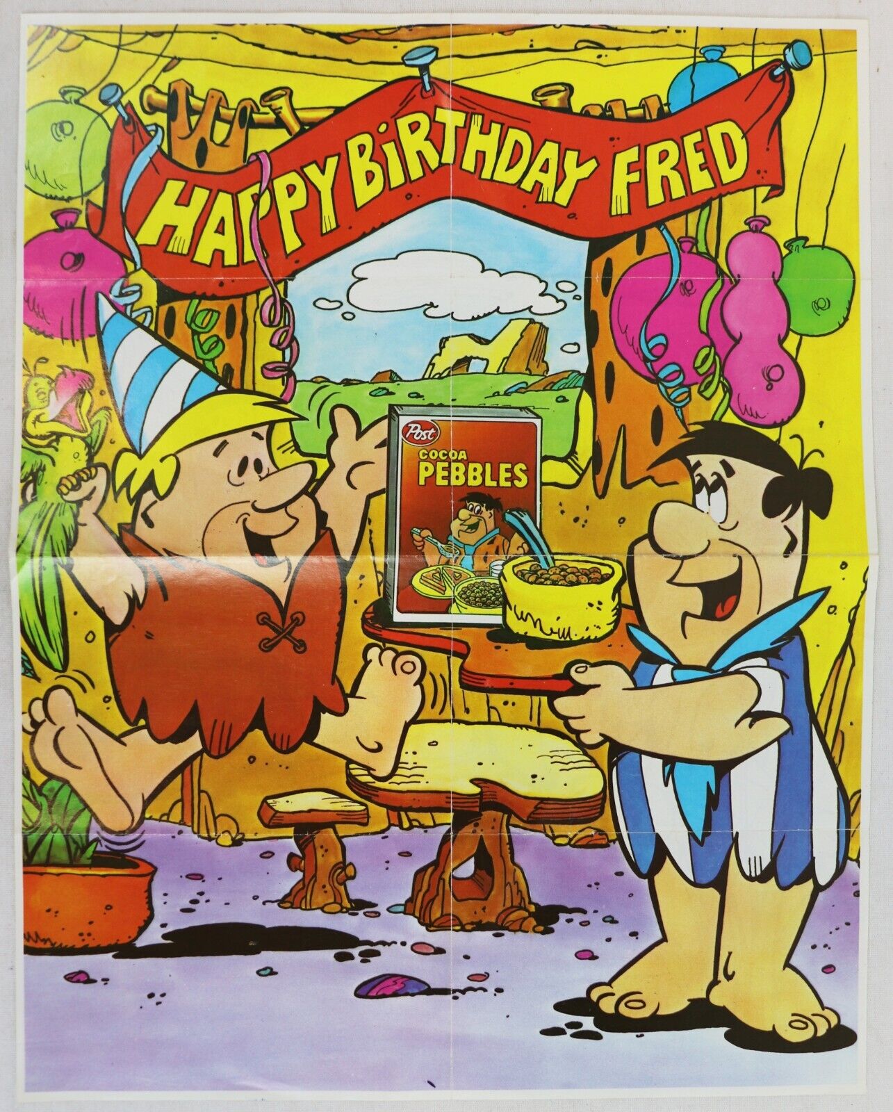 VINTAGE 1983 Post Cocoa Pebbles Flintstones Poster Fred Barney 10x12.5"