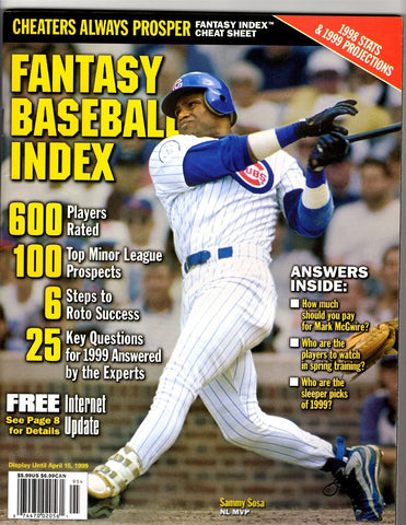 VINTAGE 1998 Fantasy Baseball Index Magazine Sammy Sosa Cubs