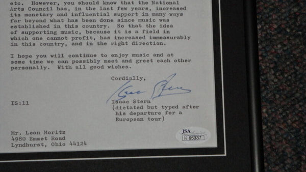 Isaac Stern Signed Framed 1974 Letter & Photo Display JSA 