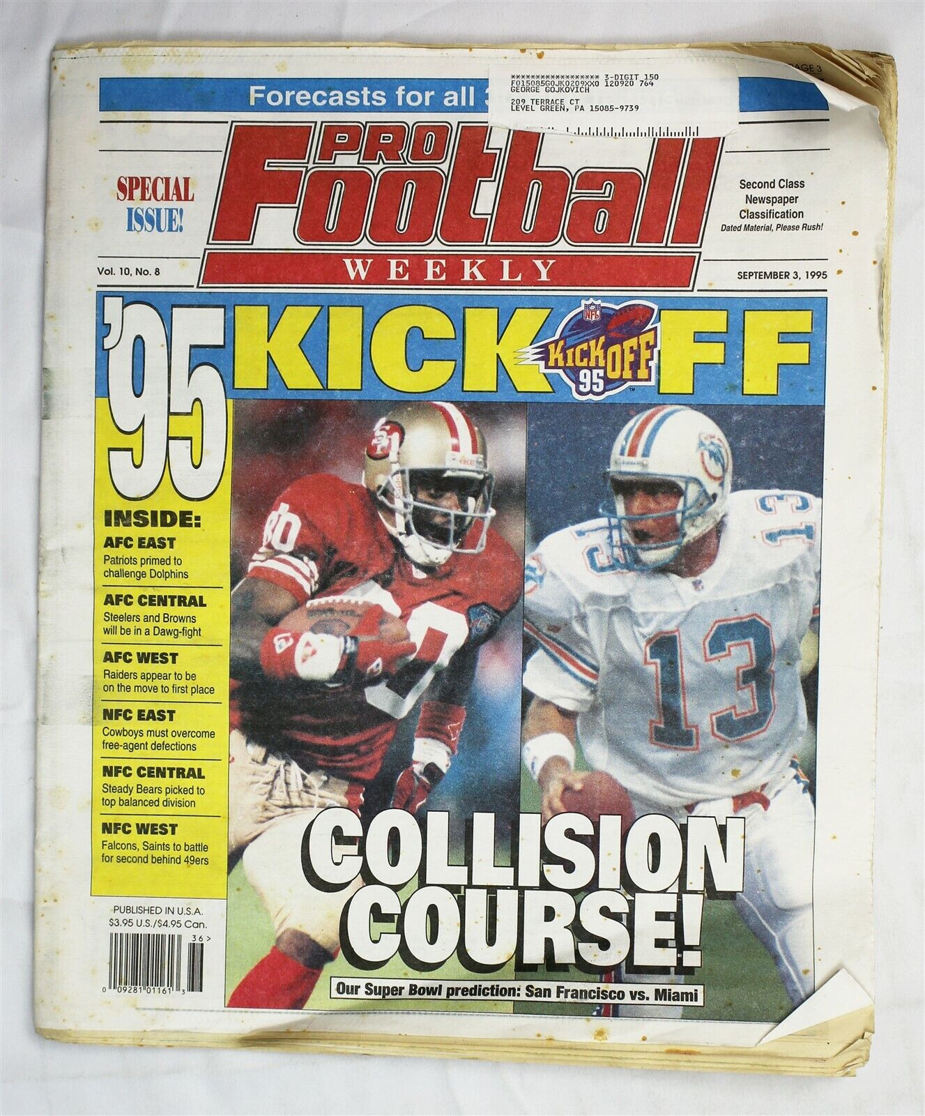  VINTAGE Sep 3 1995 Pro Football Weekly Magazine Dan Marino Jerry Rice