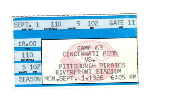 Sep 1 1986 Cincinnati Reds vs Pittsburgh Pirates Ticket Barry Bonds Rookie Gm 82