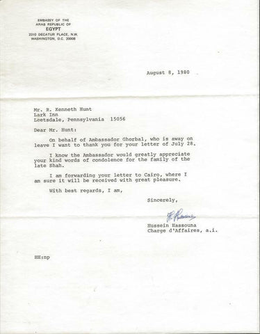 Hussein Hassouna Signed 1980 Typed Letter Egypt / Ambassador Ghorbal