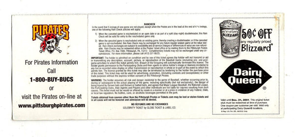 Aug 11 2001 San Diego Padres Pittsburgh Pirates Ticket Tony Gwynn FINAL HR