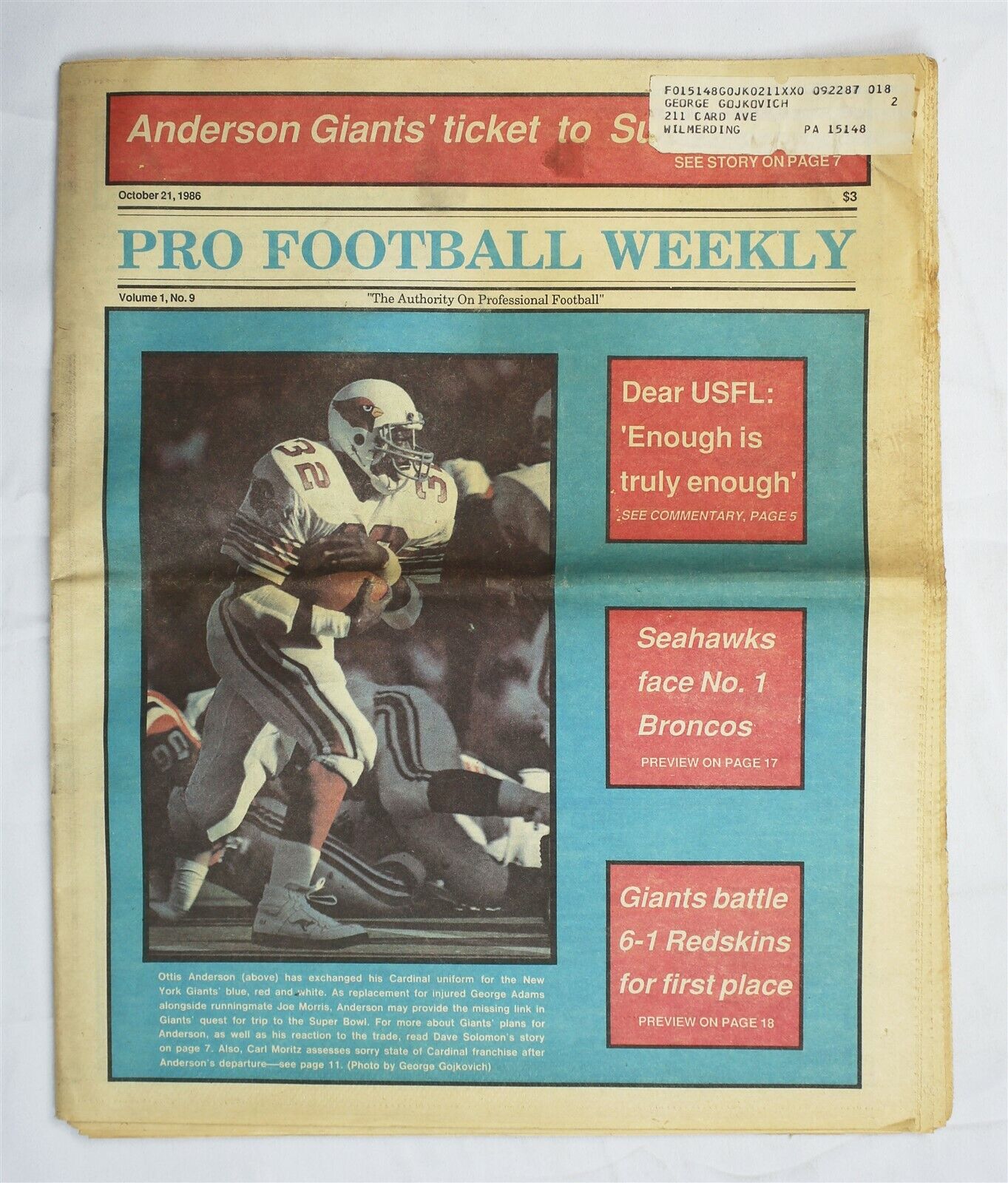  VINTAGE Oct 21 1986 Pro Football Weekly Magazine Ottis OJ Anderson Giants