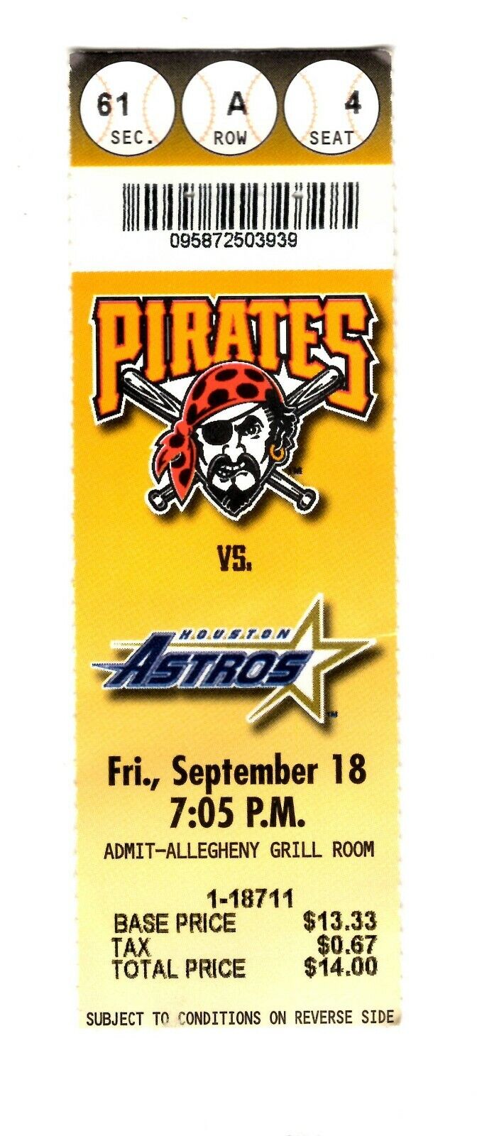 Sep 18 1998 Houston Astros @ Pittsburgh Pirates Ticket Randy Johnson Win