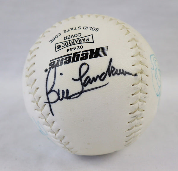 Lanny Frattare Bill Landrum Signed Softball w/ Pittsburgh Pirate Parrot Sketch