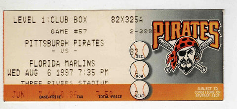 VINTAGE Aug 6 1997 Florida @ Pittsburgh Pirates Ticket Moises Alou HR