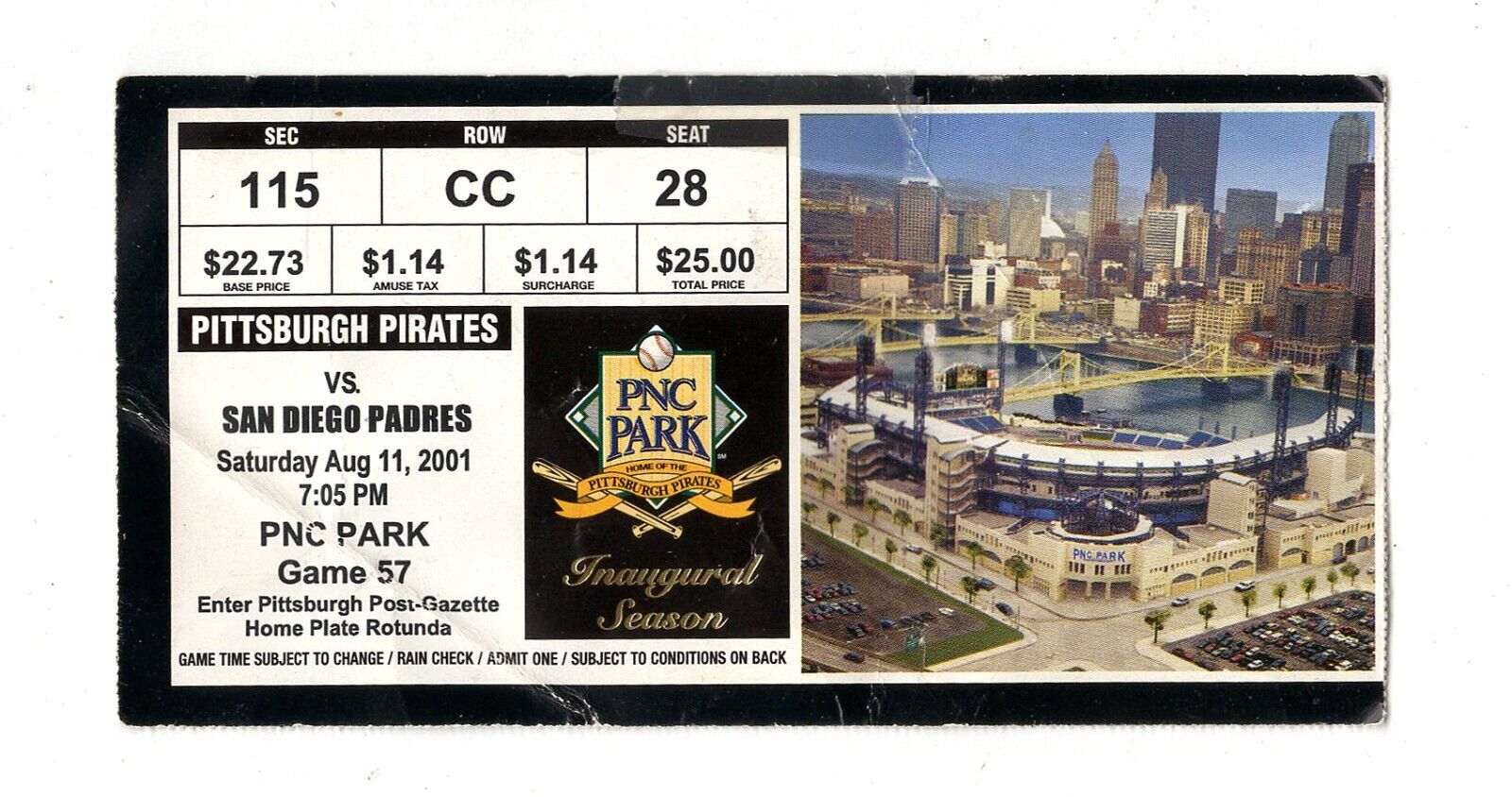 Aug 11 2001 San Diego Padres Pittsburgh Pirates Ticket Tony Gwynn FINAL HR