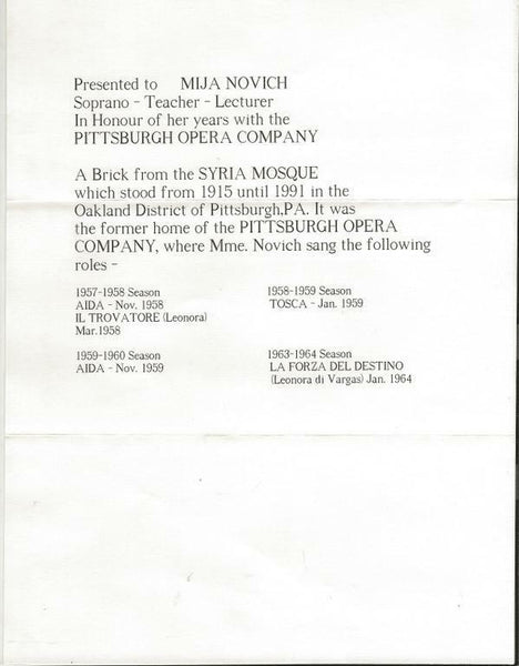 Mija Novich Signed 2002 Handwritten Letter Duquesne University Soprano