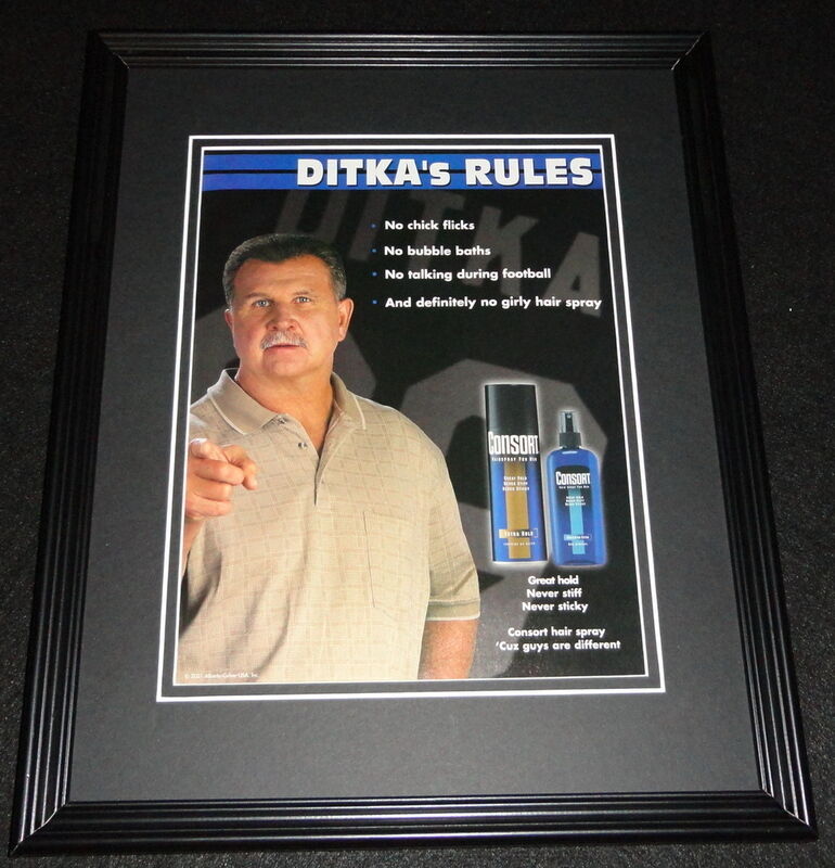 Mike Ditka 2001 Consort Hair Spray Framed 11x14 ORIGINAL Advertisement