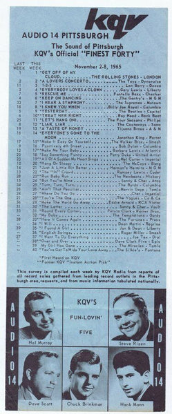 VINTAGE 1965 WQV 14 Pittsburgh Music Survey w/ Beach Boys Party Advertisement