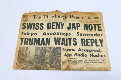 ORIGINAL Vintage Aug 14 1945 WWII Japan Surrenders Pittsburgh Press Newspaper