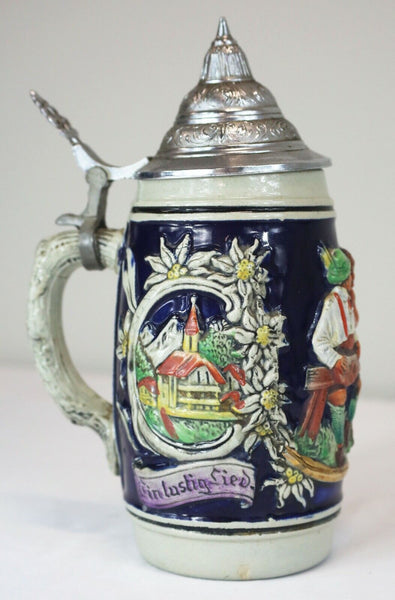 VINTAGE Germain Beer Stein Pewter Lid Ein Lustig Lied Ein Froh Gemut 8"