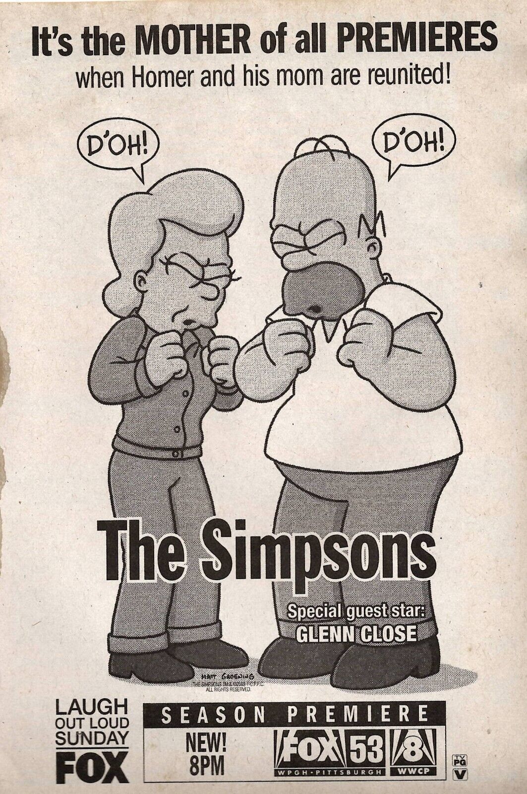 VINTAGE 1995 Simpsons Fox Advertisement Homer Simpson + Mom Glenn Close