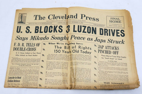 ORIGINAL Vintage Dec 15 1941 WWII US Blocks Luzon Cleveland Press Newspaper 