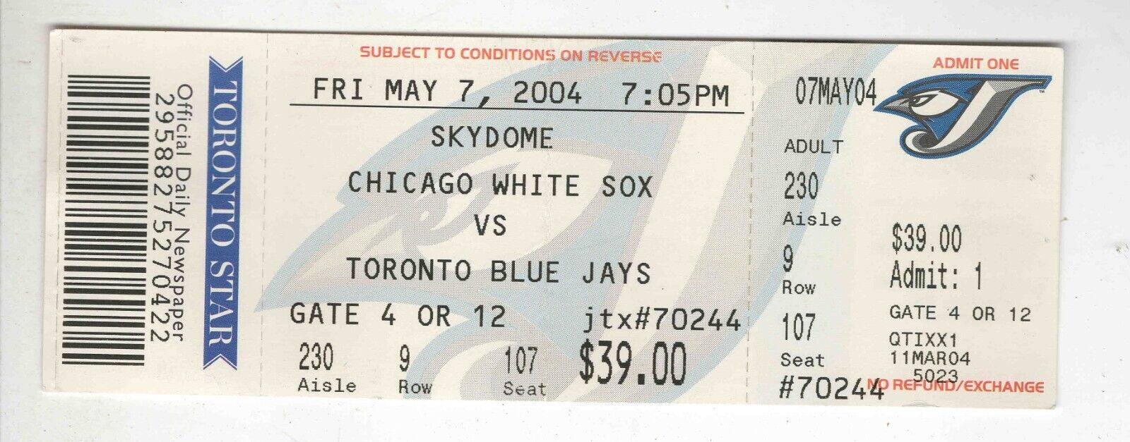 May 7 2004 Chicago White Sox Toronto Blue Jays Ticket Frank Thomas