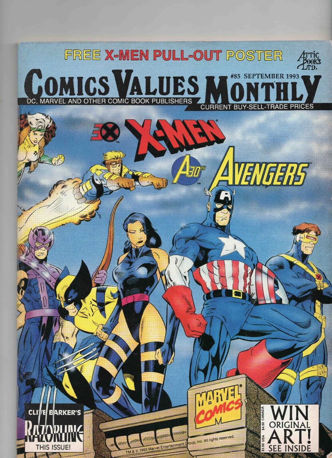 VINTAGE 1993 Comic Values Monthly #85 Attic Books X-Men Avengers Psylocke Cap