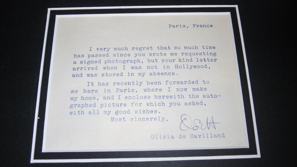 Olivia De Havilland Signed Framed Note & Photo Display JSA Gone With the Wind 