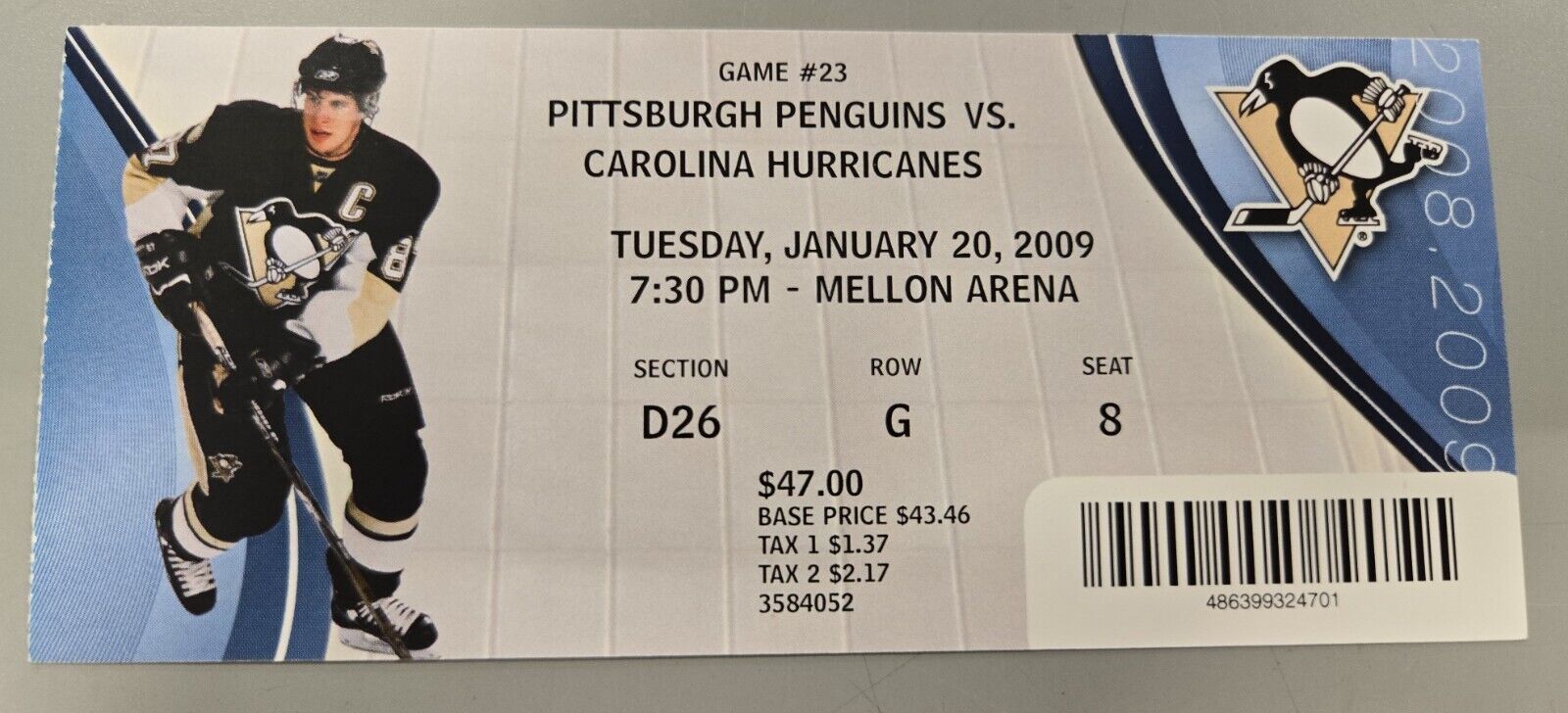 Jan 20 2009 Hurricanes @ Penguins Ticket Evgeni Malkin Goal