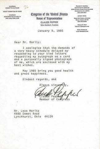 Claude Pepper Signed 1985 Typed Letter Florida Congressman