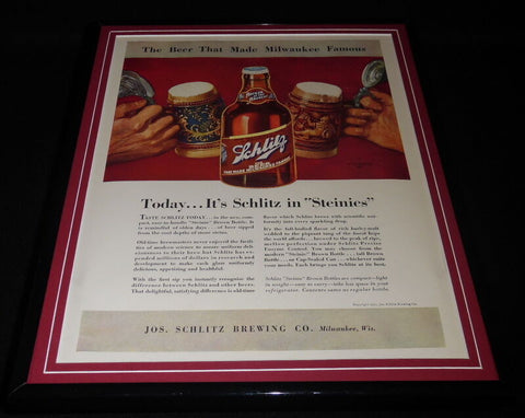 1937 Schlitz Beer Steinie Bottle Framed 11x14 ORIGINAL Vintage Advertisement