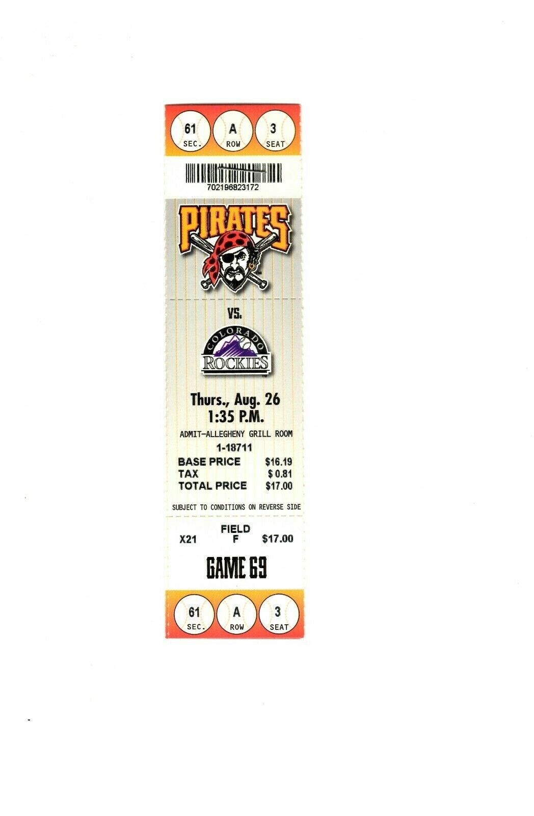 Aug 26 1999 Colorado Rockies @ Pittsburgh Pirates Ticket Todd Helton HR