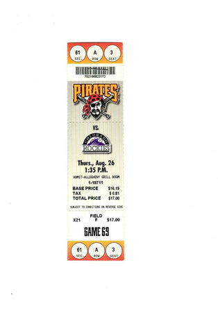 Aug 26 1999 Colorado Rockies @ Pittsburgh Pirates Ticket Todd Helton HR