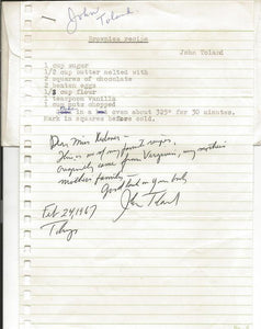 John Toland Author Signed 1967 Letter & Brownies Recipe