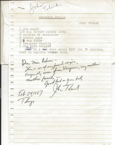 John Toland Author Signed 1967 Letter & Brownies Recipe