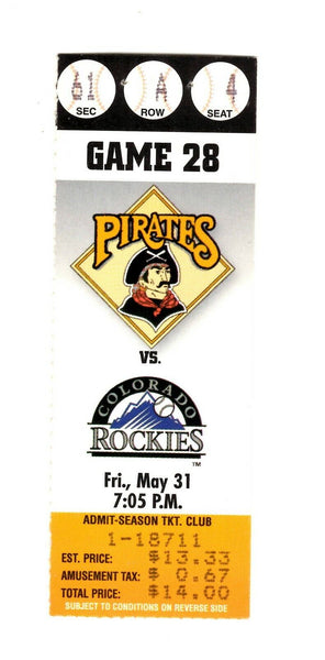 May 28 1995 Colorado Rockies @ Pittsburgh Pirates Ticket Larry Walker