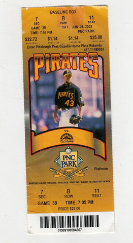 VINTAGE June 28 2003 Colorado Rockies Pittsburgh Pirates Ticket Larry Walker